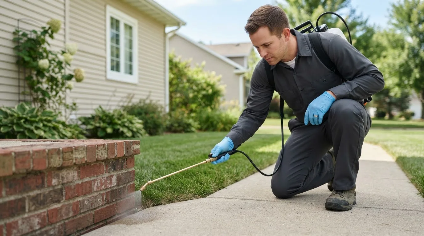 Pest control technician treating a home near Elon, NC